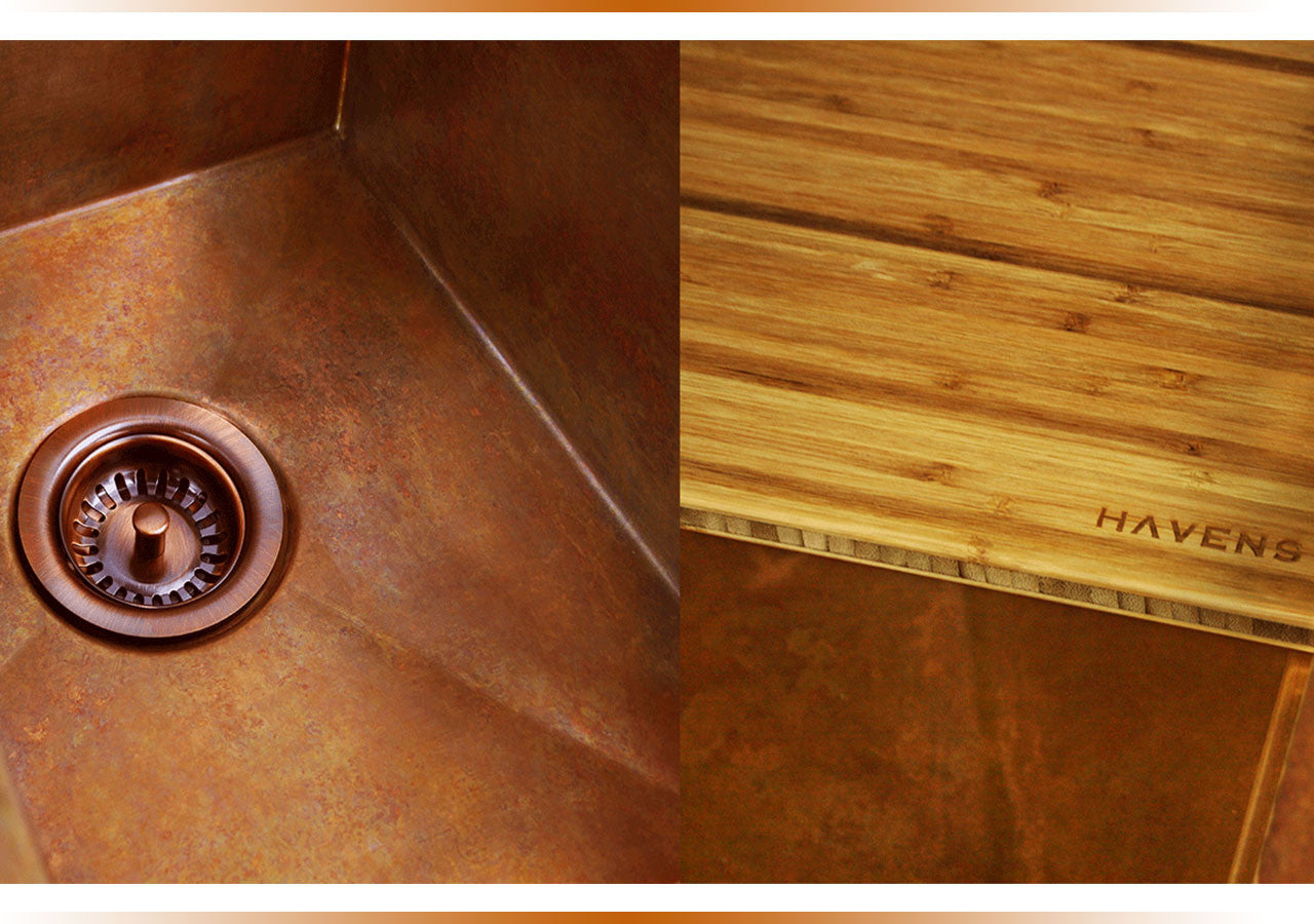 Luxury accessories for copper and stainless steel kitchen sinks.