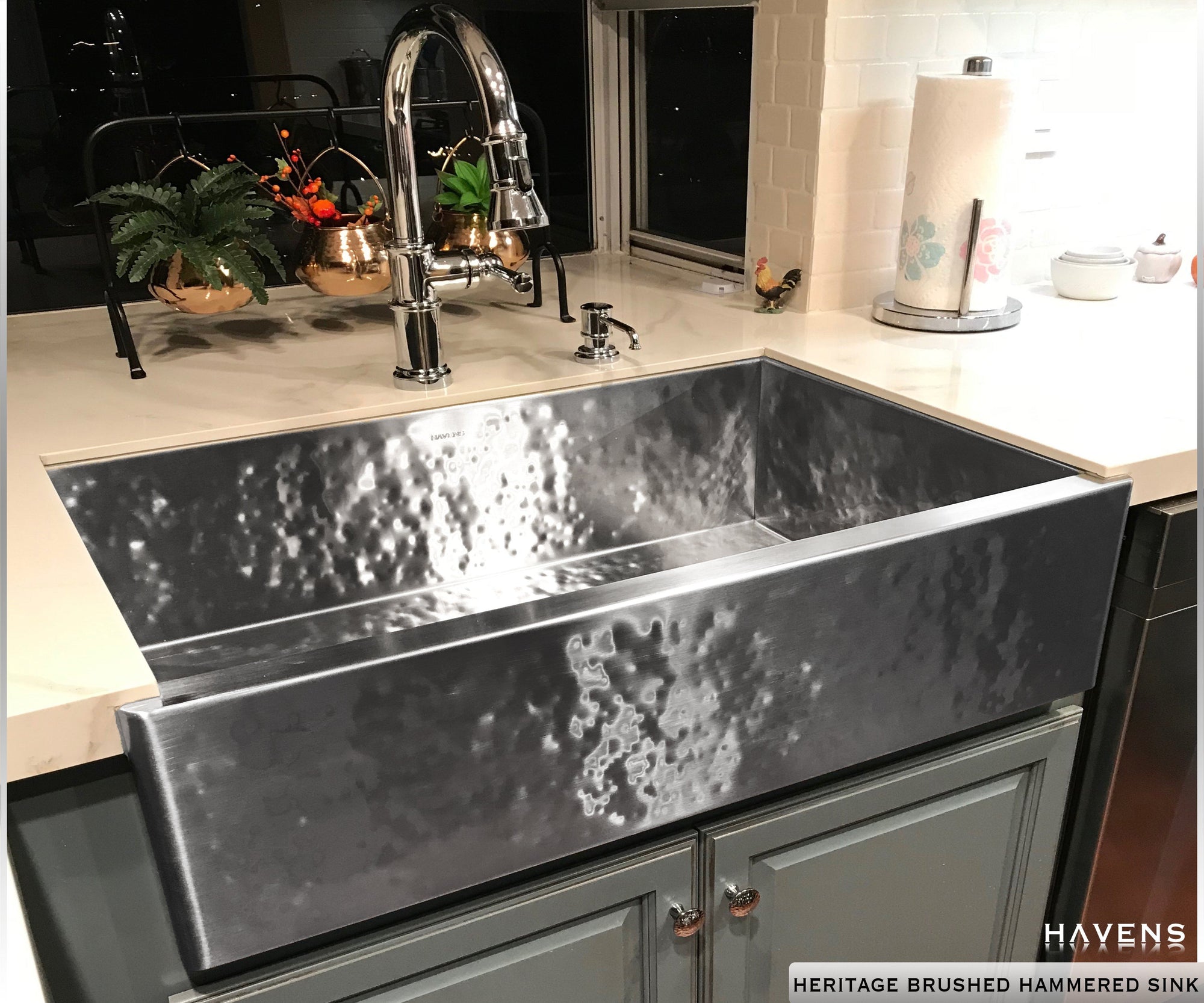 Hammered stainless steel farmhouse sink sink. The Heritage 16 gauge ss sink by Havens Luxury Metals. 