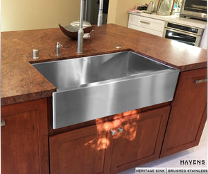 Farmhouse undermount stainless steel kitchen sink with a Brushed apron.