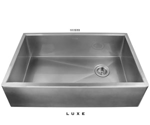 Heritage farmer stainless steel kitchen sink. Luxe finish on the farm apron front.