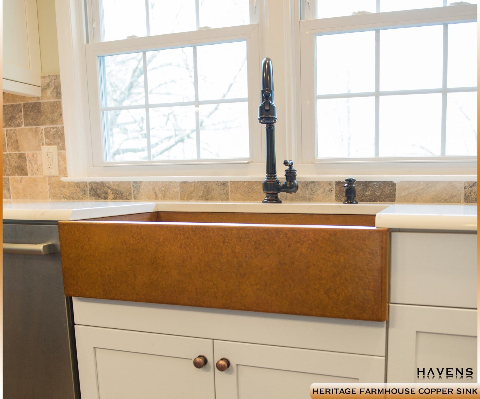 14 Gauge Copper farmhouse sink with a smooth patina apron front. USA made by Havens Luxury Metals