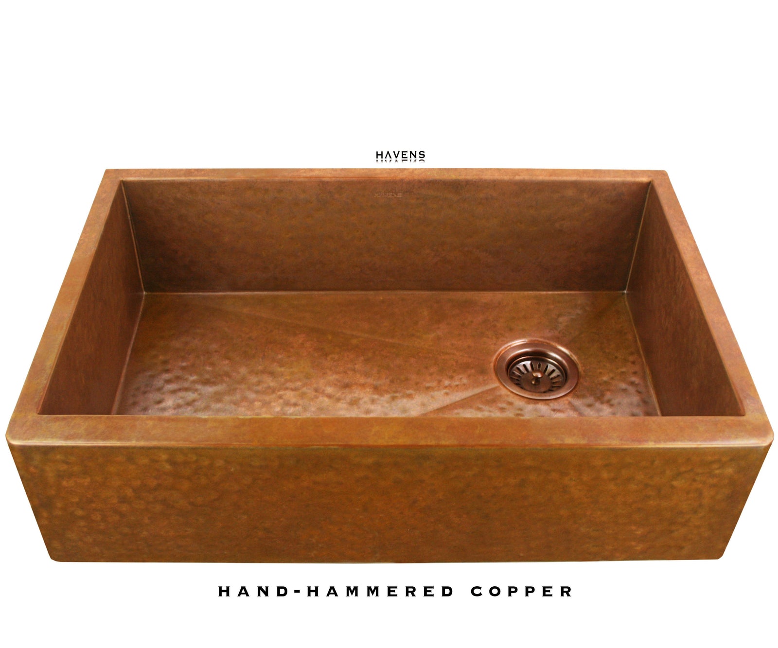 Hammered copper farmhouse sink made in USA from 14 gauge cold rolled 48pz copper. Patina artwork