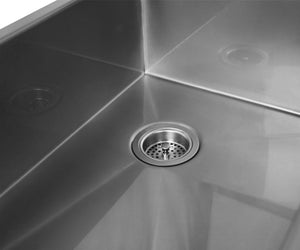 Right rear on a stainless steel kitchen sink by Havens.