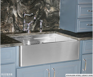 16 gauge farmhouse stainless steel workstation sink. Textured Prestige stainless steel American made